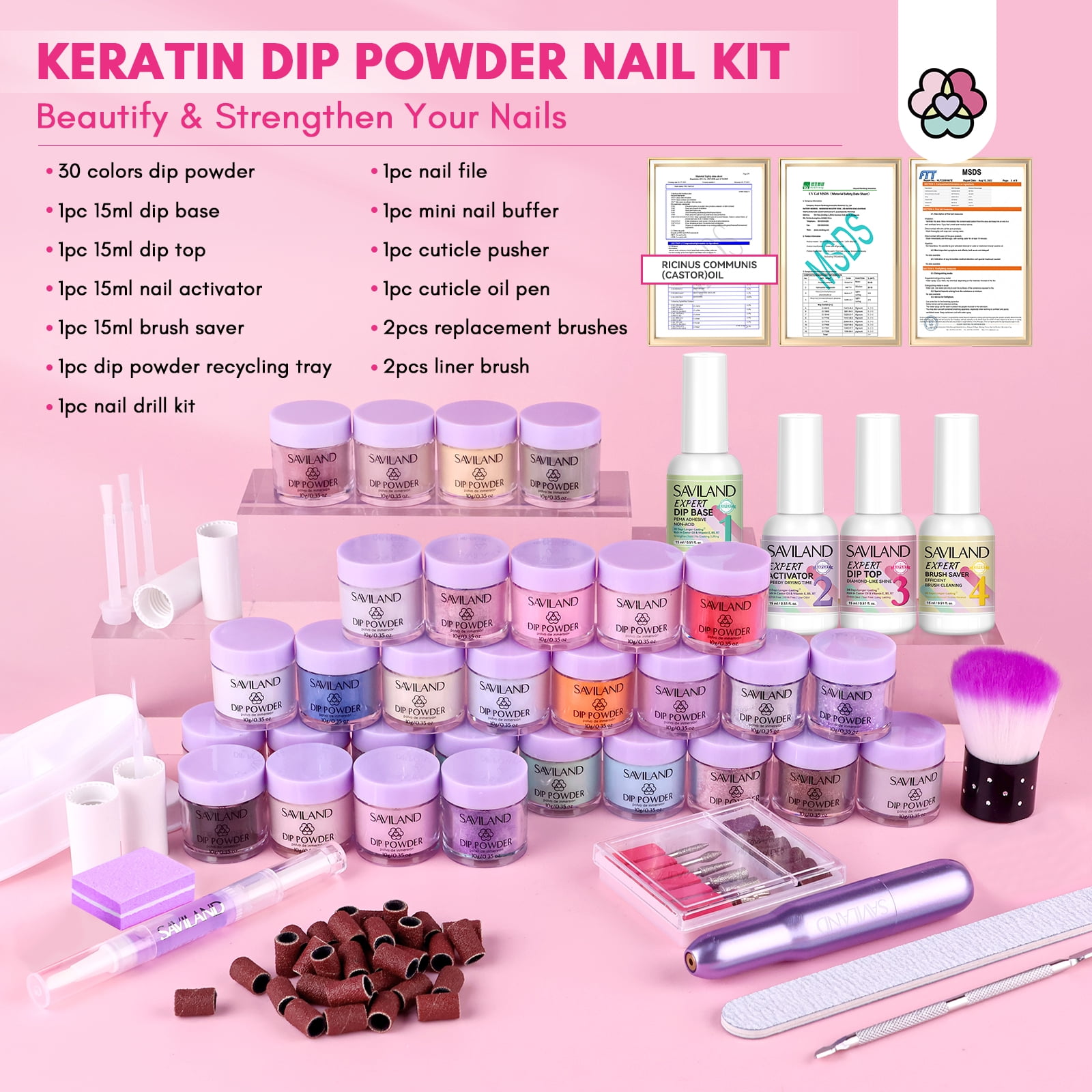 Saviland 30 Colors Keratin Dip Powder Nails Kit with Drill - Dipp Powder Liquids Set with Base and Top Coat Activator Brush Saver, Cuticle Oil
