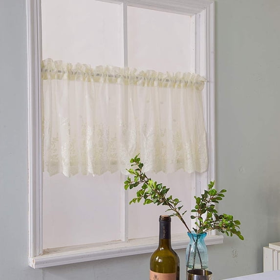 Pastoral Floral Lace Curtain Flower Leaves Window Valance Romantic Semi Sheer Cafe Bistro Curtain Elegant Living Room Bedroom Window Decor Beautiful Kitchen Curtain W54" X L35",Beige