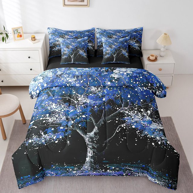 Erosebridal Watercolor Flower Bedding Full Comforter Set, Floral Tree Down Comforter, Blue, Reversible 7 Pieces