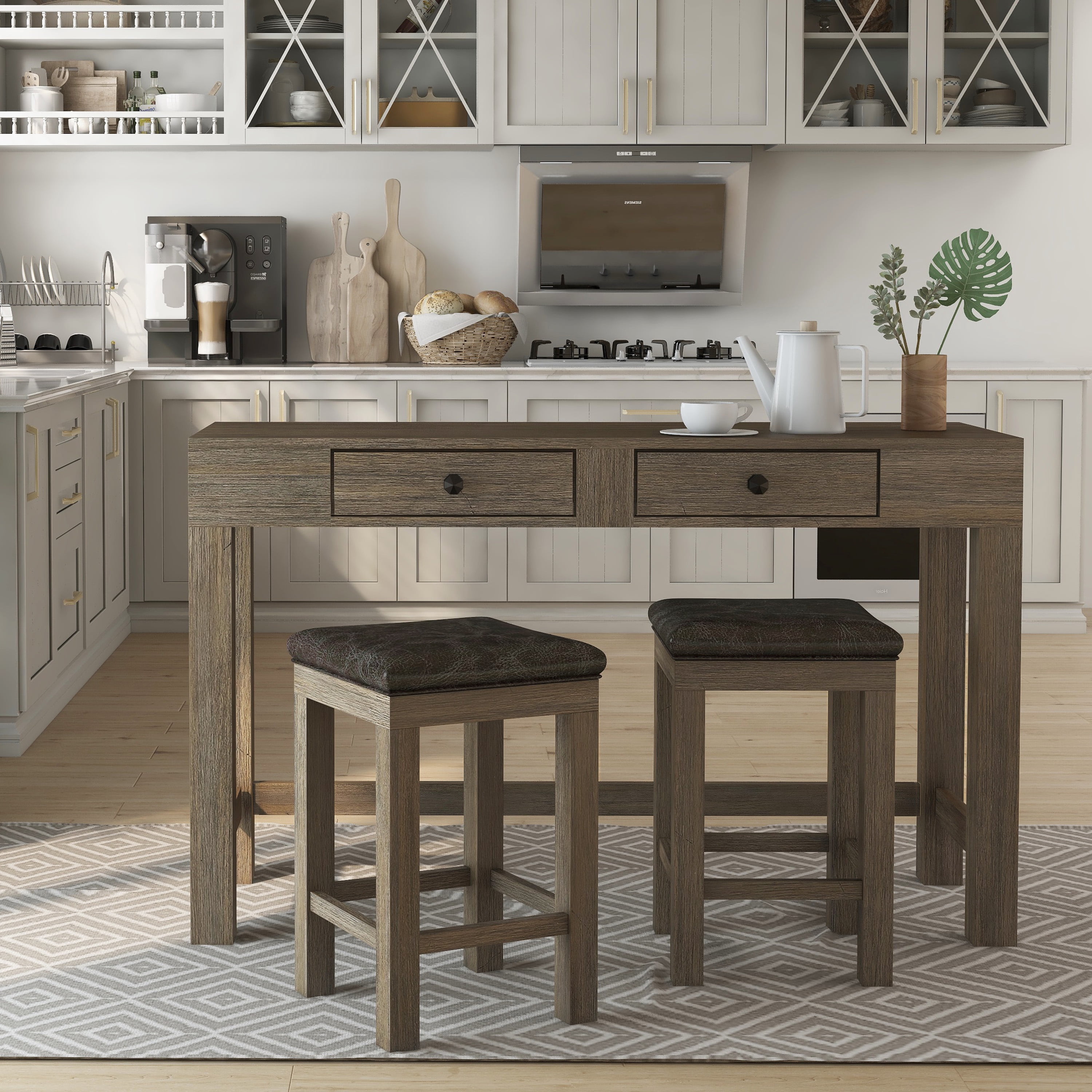 Furniture of America Kipp 3-Piece Farmhouse Wood 2-Drawer Counter Height Dining Set, Walnut