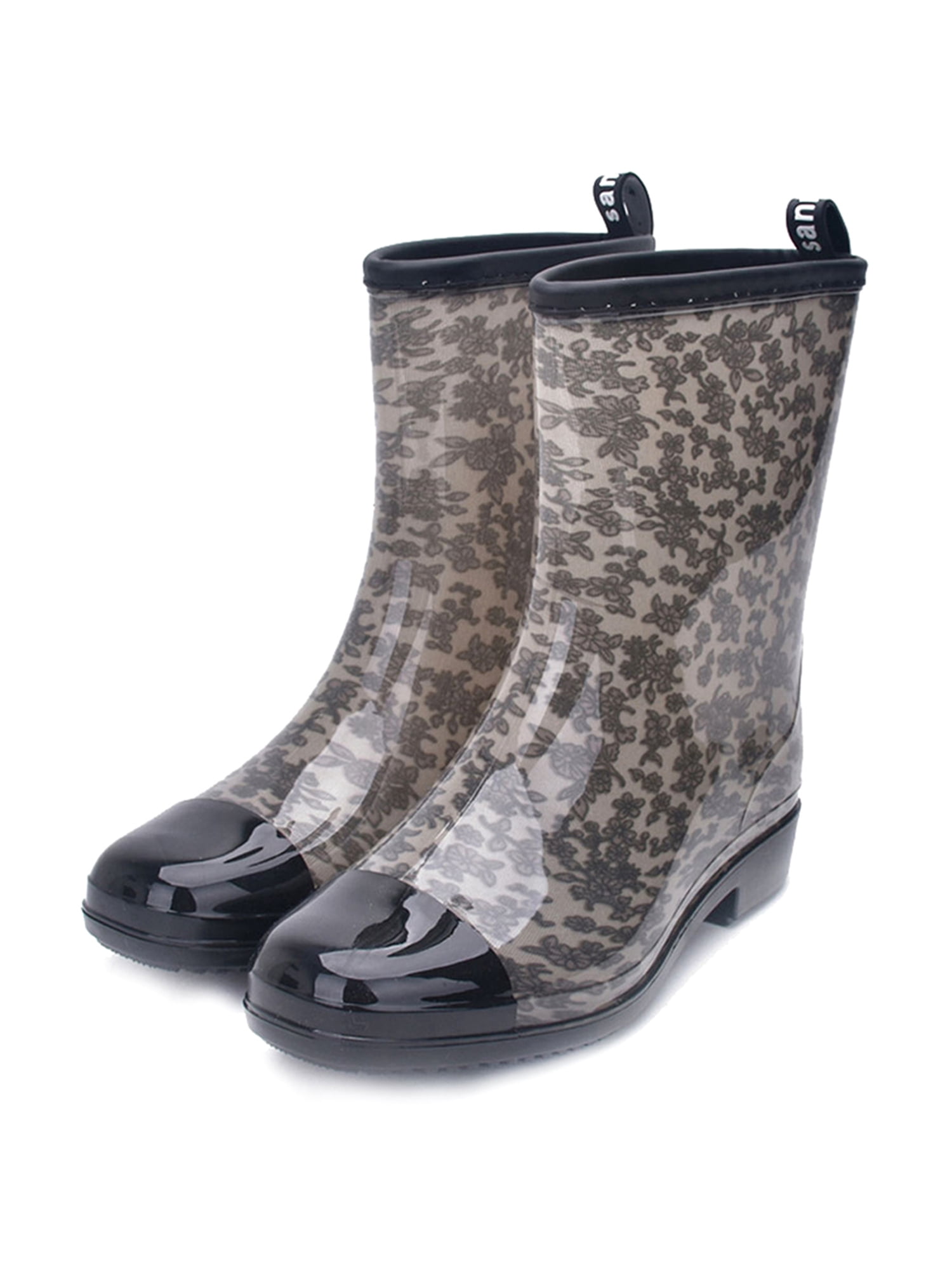 Wellington Boots Womens Flat Welly Ladies Rain Boots Waterproof Non Slip Low Block Heel Shoes Wellies Slip On 3.5 cm Muck Yard Black Blue 3.5-9 UK 