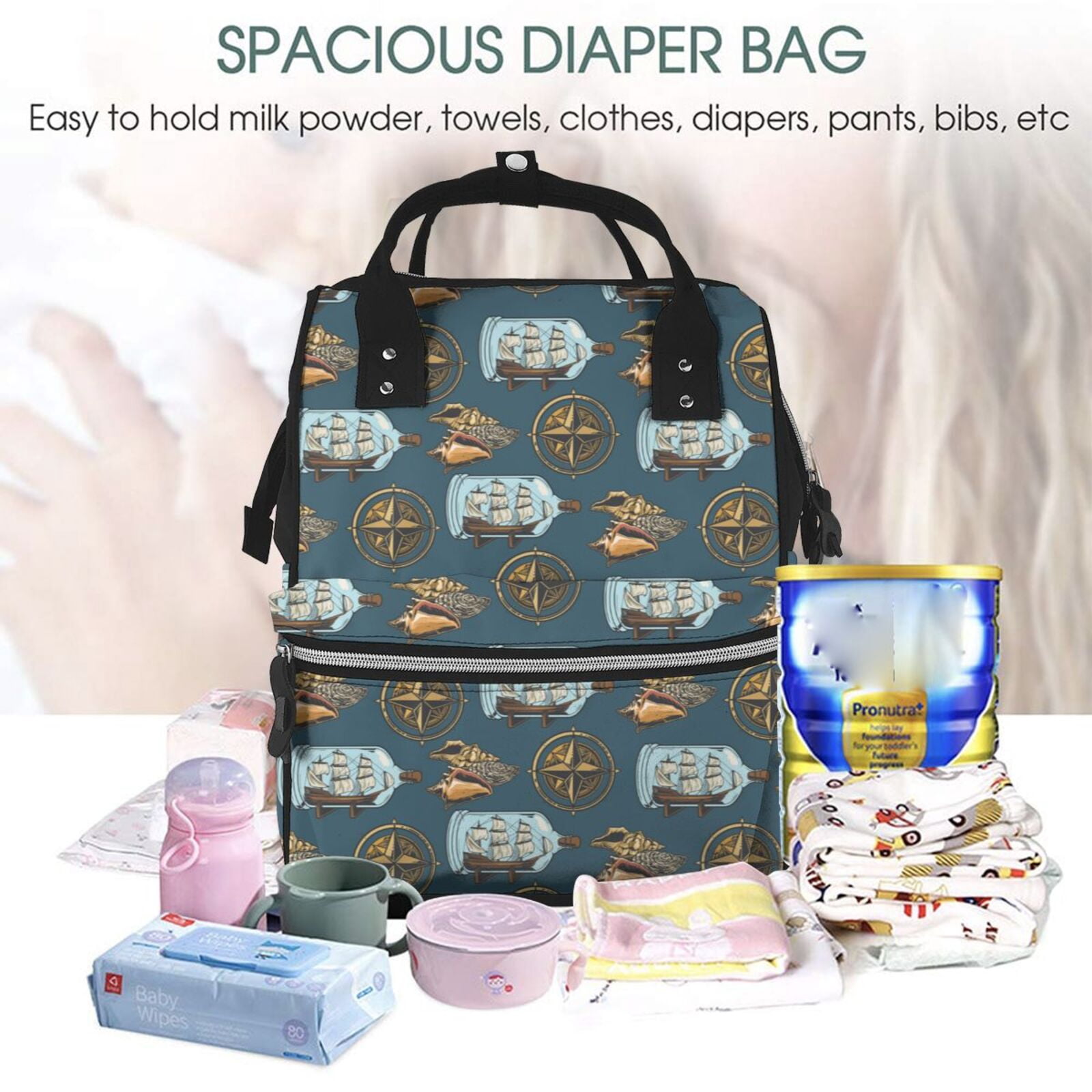 Fuzoiu Miniature Ship In Bottle Print Diaper Bag Backpack,Baby Essentials Travel Tote,Multi function Waterproof Diaper Bag, Travel Essentials Baby Bag - Unisex