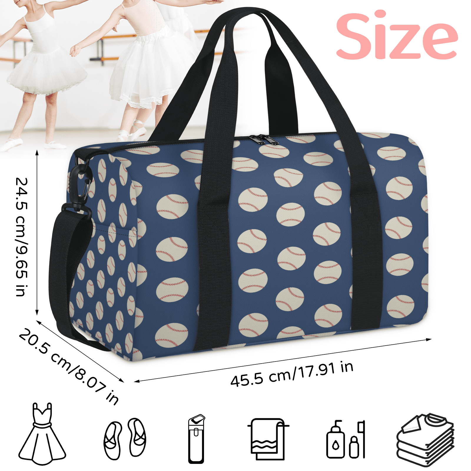 Herdesigns Baseball Navy Blue Travel Duffle Bag Sports Yoga Weekender Overnight Carry on Workout Bags Lightweight Waterproof Gym Tote Bag for Women