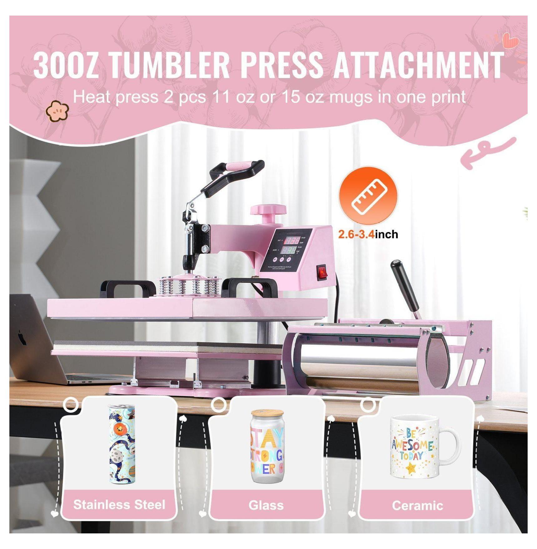 Heat Press Machine 15x15", 5 in 1, 30oz Tumbler Press, for T-Shirts, Hats, Mugs, Pink