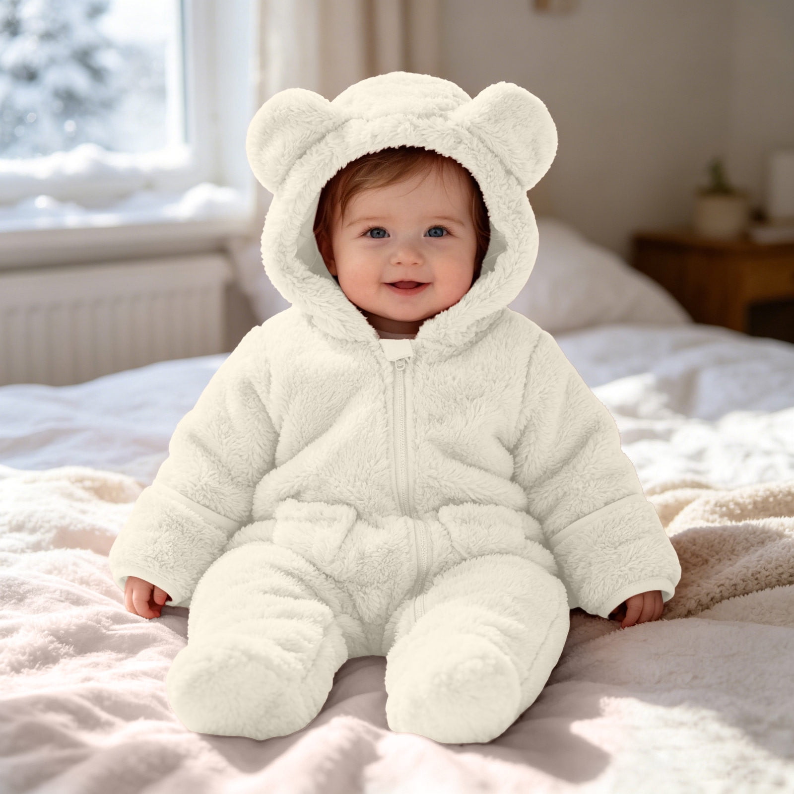 Mifsaly Newborn Baby Fuzzy Fleece Rompers Long Sleeve Hooded Warm Romper Front Zipper Soft Comfortable Sherpa Jumpsuits