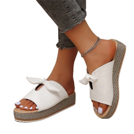 

Women Bulky Platform Slippers Bowknot PU Upper Sandals Ultra-Thick Slide Shoes 37