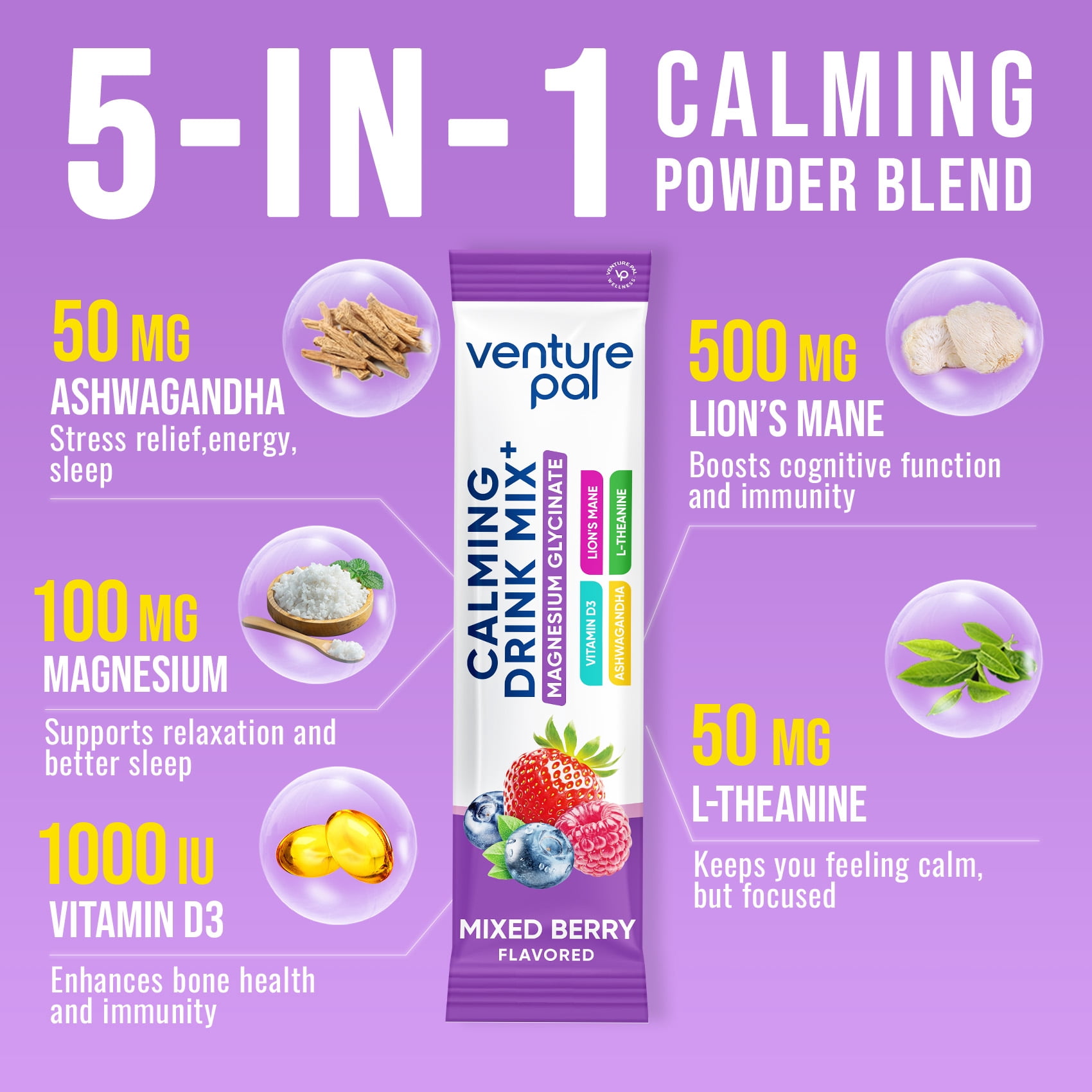 Venture Pal Calming Powdered Drink Mix, Magnesium Glycinate, Ashwagandha, L-Theanine,Vitamin D, Lions Mane, Sugar Free Magnesium Supplement Blend for Relax & Focus, Non GMO, Vegan, On The Go