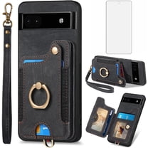 Phone Case for Google Pixel 6A 5G 2022 Wallet Cover with Tempered Glass Screen Protector and Wrist Strap Lanyard RFID Credit Card Holder Ring Stand Cell Accessories Pixel6A A6 Women Men Black