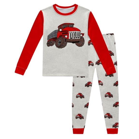 Ulitacool Boy Outfits Crewneck Boys' Long Sleeve Pajama With Truck Prints Tee Pants Relax Fit Wear Red 2-3 Years