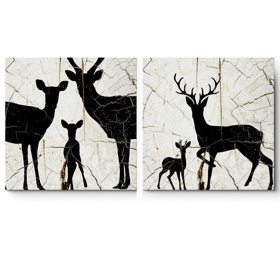 wall26 Canvas Print Wall Art Set Deer Family Silhouettes on Wood Grain Animals WildLife Illustrations Minimalism Chic Relax/Calm Dark Duotone for Living Room, Bedroom, Office - 24"x24"x2