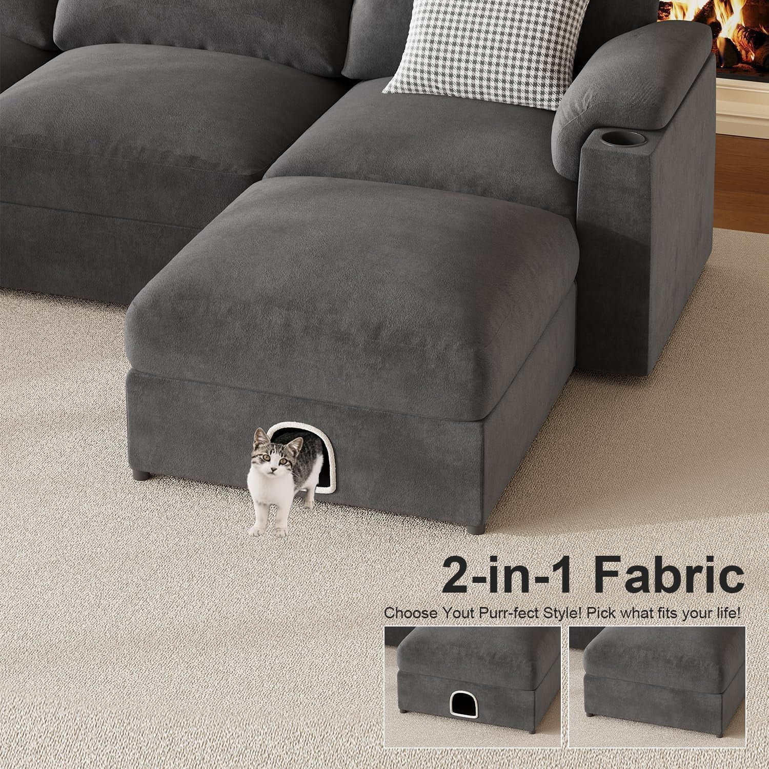 Modular Sectional Sofa Couch for Living Room Velvet Couches Oversized U Shaped Convertible Sleeper Sofa Chaise Detachable Armrest Cushion Cup Holder (Grey, 8 Seats)