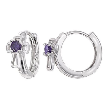 Tilo Jewelry Sterling Silver Cross Huggie Hoop Earrings with Simulated Amethyst CZ for Women & Unisex