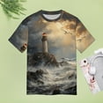 thumbnail image 4 of Lighthouse Sunrise Coast Scenery Pale Blue Tan Women's T-Shirt Short Sleeve T Shirts Tops Tee Ladies Loose T, 4 of 6