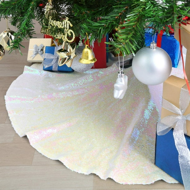 KSCD Sequin Tree Skirt 24 Inch Iridescent White Mini Glitter Xmas Mats