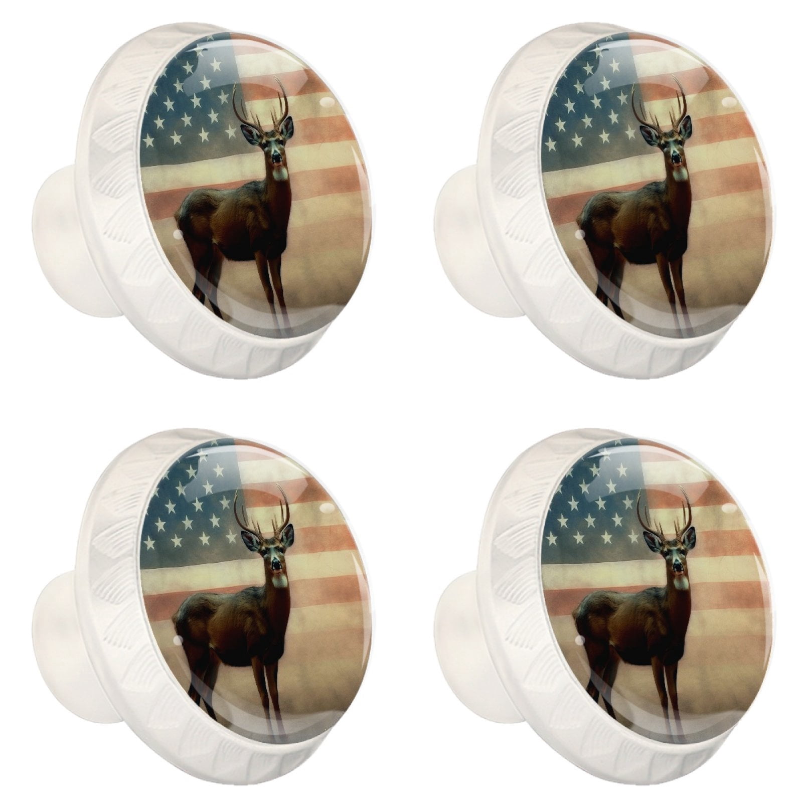 4 Pcs Deer and American Flag Knobs for Kitchen Cabinet Cupboard Dresser Bookcase Drawer Pulls Handles Round Home Decor