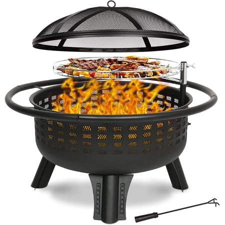 2 in 1 Fire Pit with Grill, Large 31" Wood Burning Fire Pit with Swivel Cooking Grate Outdoor Firepit for Backyard Bonfire Patio Outside Picnic BBQ, Spark Cover, Fire Poker