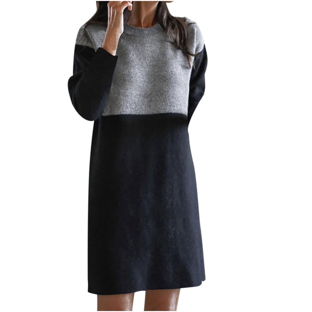 Moda mujer verano Casual suelta manga completa cuello redondo sólido empalme vestido de retazos Fridja nbo3112