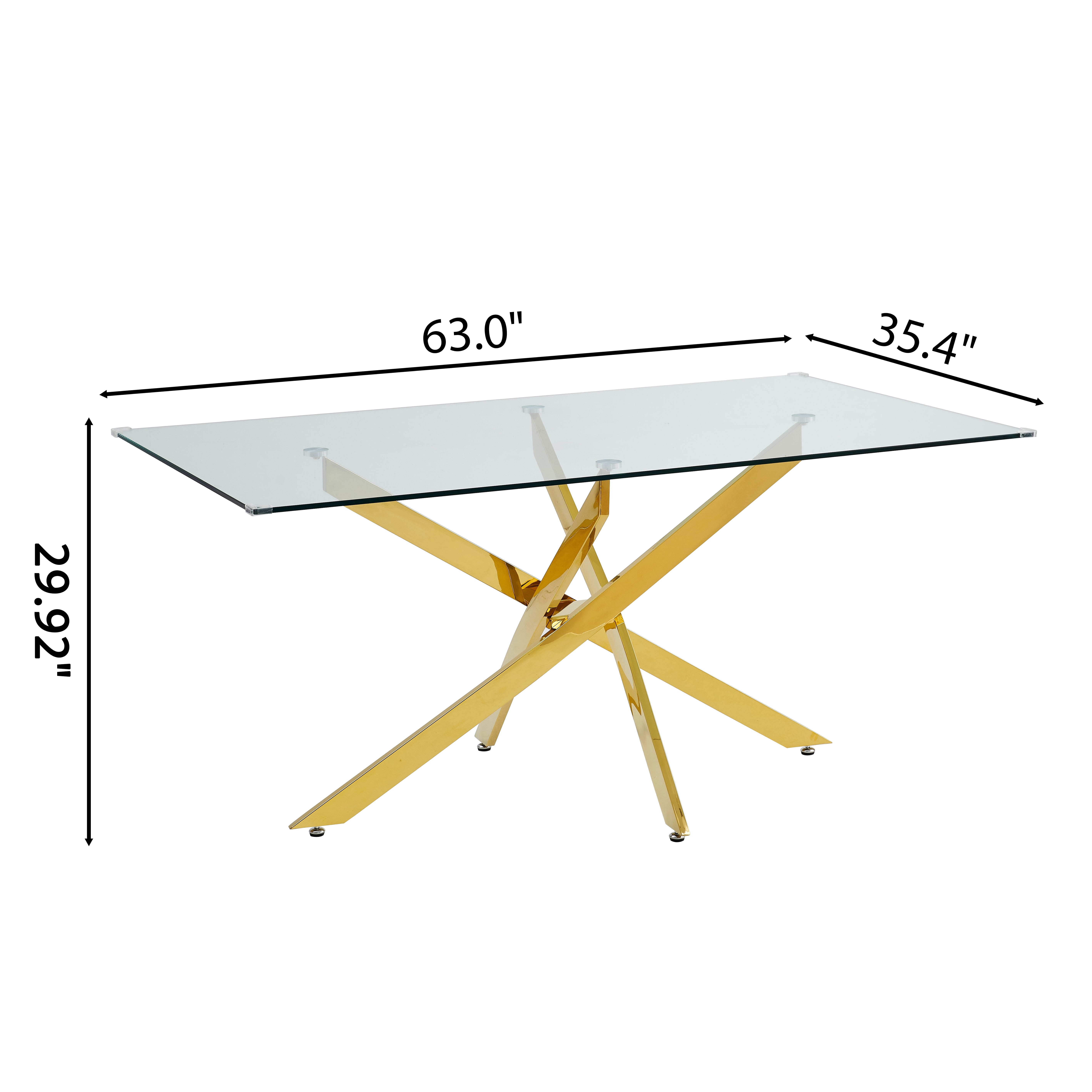 63" Rectangular Glass Dining Table, Modern Clear Tempered Glass Top with Gold Stainless Steel Cross-Legged Base, for Kitchen, Apartment, Living Room