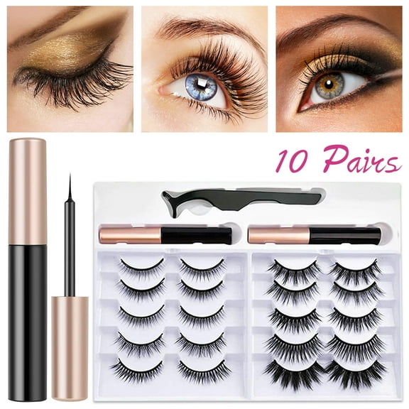 Magnetic Eyelashes Kit - 10 Pairs with Eyeliner, Natural Look, Reusable False Lashes, Tweezers