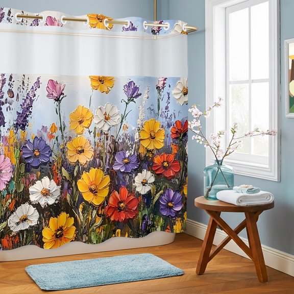 Pastoral Watercolor Floral Artwork No Hook Shower Curtain with See Through Top Window,Yellow Red White Flowers Waterproof Shower Curtains for Home Hotel Bathroom Decor,72x72in