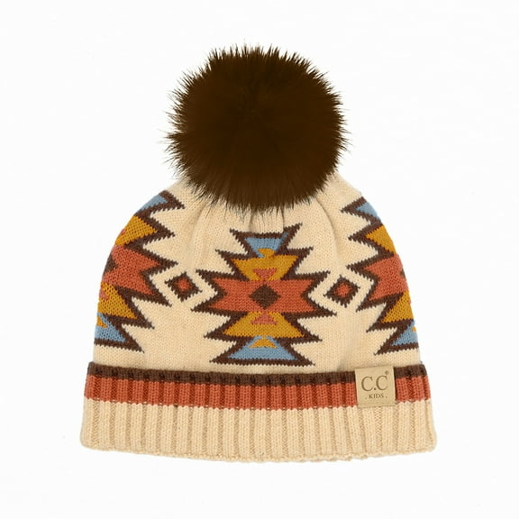 CC Kids South Western Pattern Plush Pom Beanie - Soft, Warm Hats for Babies and Toddlers - Cozy Winter Wear