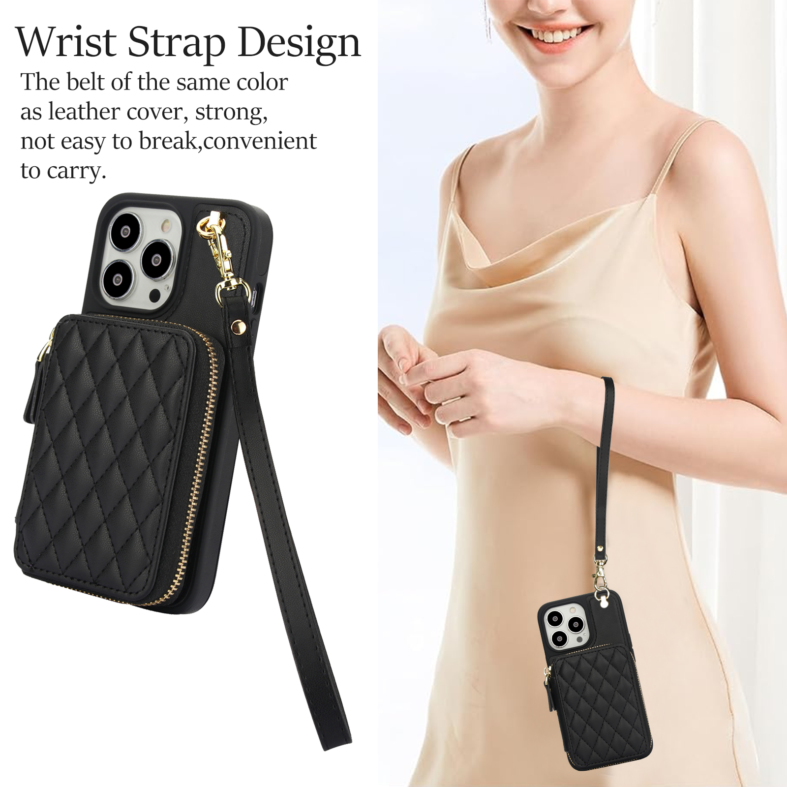 Compatible with iPhone 15 Pro 6.1 inch Wallet Phone Case Tempered Glass Screen Protector Wrist Crossbody Strap Stand Credit Card Holder RFID Slot Cell Cover for i Phone15 i15 15Pro Women Girls Black