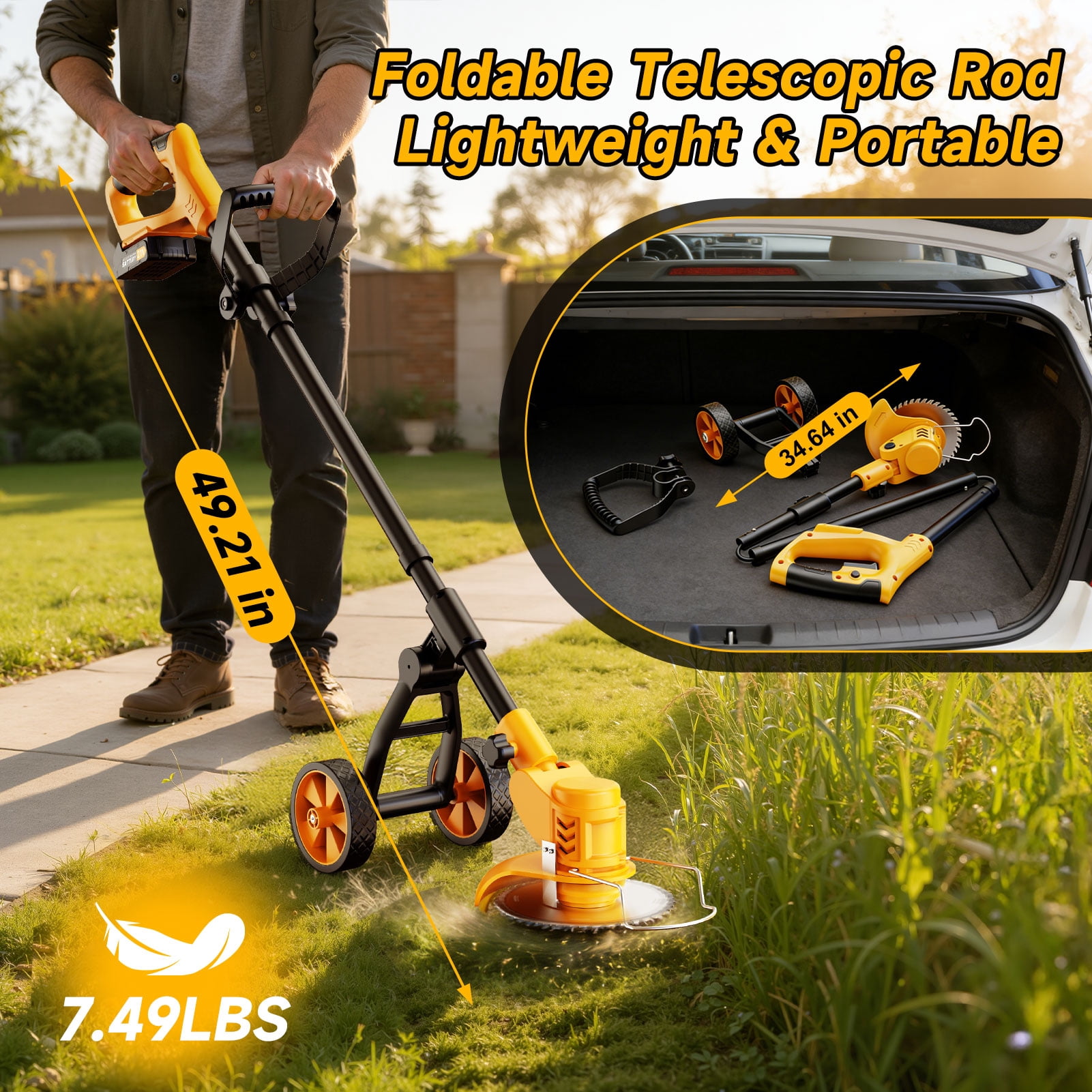 Lemolifys Electric Weed Wacker, 3-in-1 Cordless String Trimmer with 4000mAh Battery, 3 x 6″ Blades, Wheels & Adjustable Length for Lawn Yard Garden, W1-3