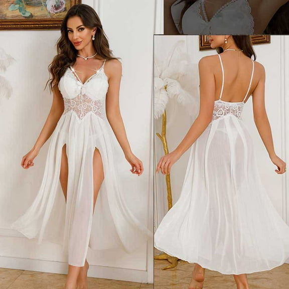 Blmnix Sleep Shirts for Women Victorian Nightgown Chemises Sexy Nightgown Nightshirt Sleeveless White Below-the-Knee Lace Neckline Backless Nightgown,L