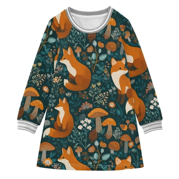 Girls' long-sleeved dress Cute Foxes Girls' A-line dress with ribbed cuffs Soft and comfortable