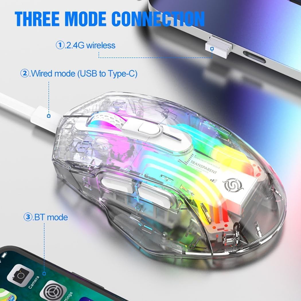 Tri-Mode Wireless Gaming Mouse, 2.4G/Bluetooth/USB-C Wired, Transparent Chroma RGB Mouse, 3600 DPI Optical Computer Mouse for PC Laptop Esports (White/Black)
