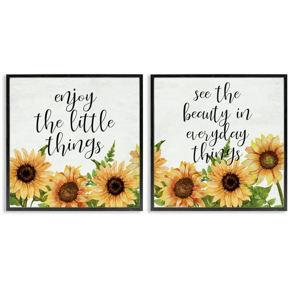 Stupell Industries Enjoy Motivational Sunflowers Quotes and Sayings Painting Black Framed Art Print Wall Art, 12 x 12, Set of 2