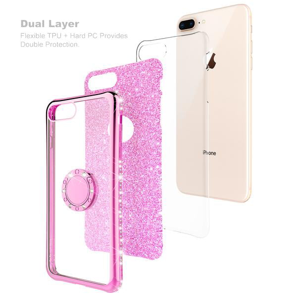 iPhone 7 Plus Case, iPhone 8 Plus Case, Glitter Cute Phone Case Girls with  Kickstand, Bling Diamond Rhinestone Bumper Ring Stand Protective Pink