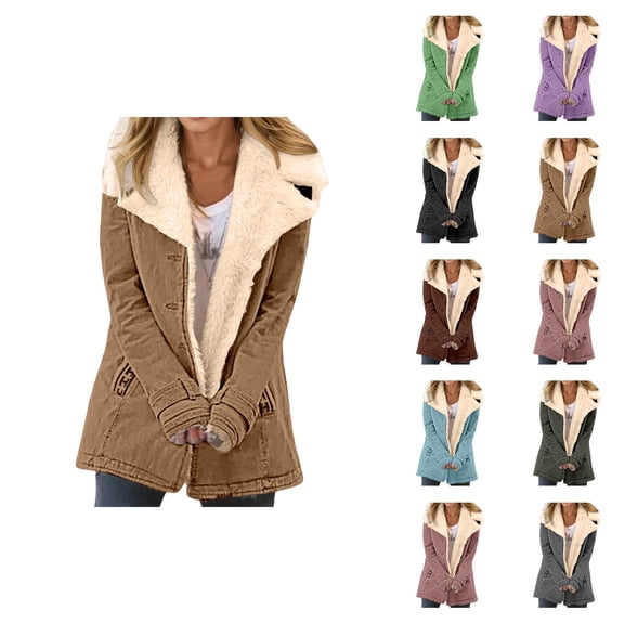 Winter Jackets for Women Long Sleeve Suede Notch Collar Lined Button Cardigan Coat Outerwear with Pockets