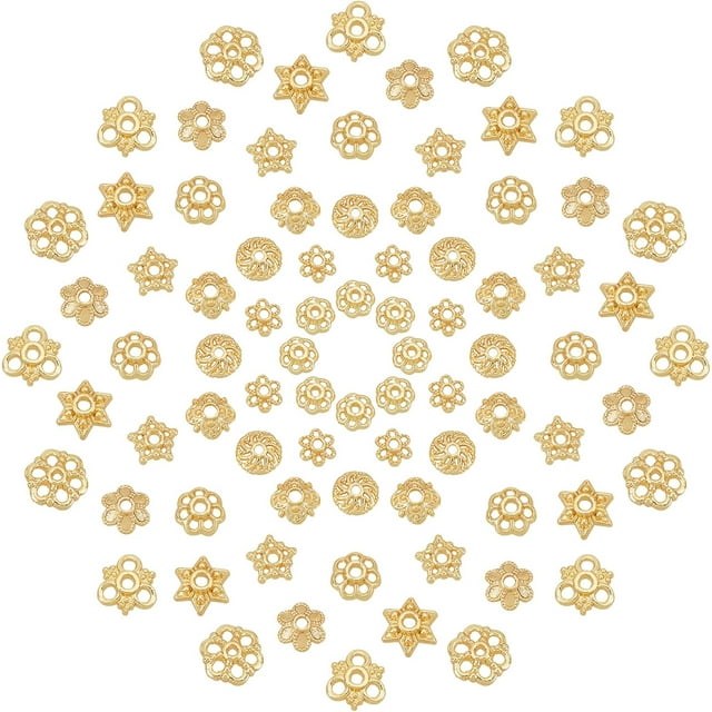 80 tapas de cuentas de flores de 10 estilos, chapadas en oro de 18 quilates, espaciadoras de estilo tibetano, para fabricación de joyas.