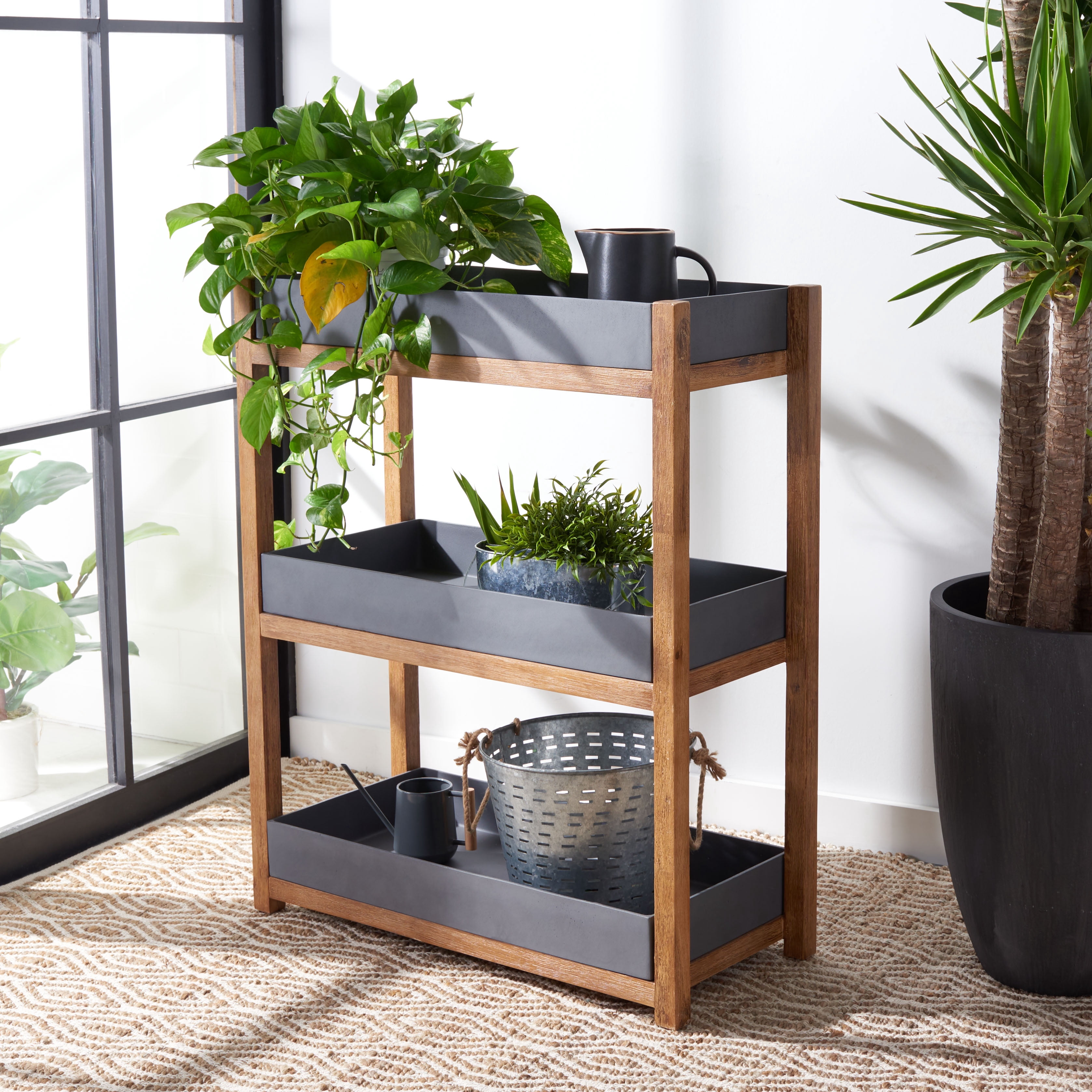 SAFAVIEH Semli Outdoor Patio 3 Tier Shelf, Natural/Grey