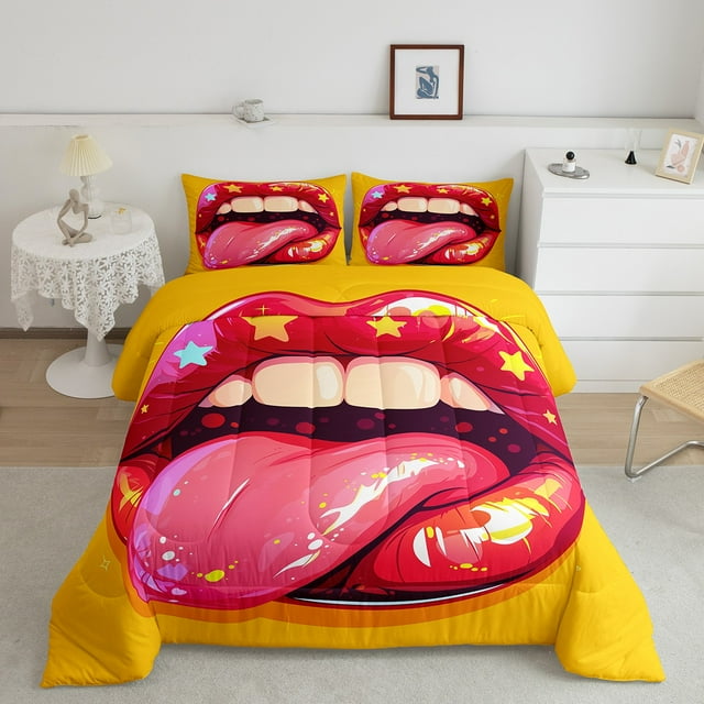 YST Ensembles de Literie pour Femmes à Lèvres Simple, Ensemble de Douillette à Imprimé Bouche Rouge, Ensembles de Douillette à Étoiles Dorées Scintillantes, Couette Matelassée Moderne et Tendance pour Enfants, Décoration de Chambre Rouge et Jaune pour Couples