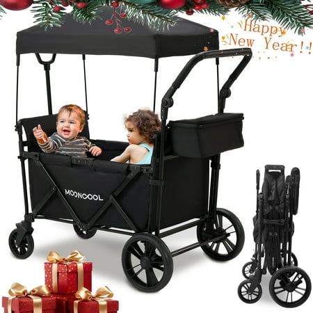 NAIZEA Stroller Wagon for 2 Kids, Push Pull Collapsible Toddler Wagon Stroller with Canopy, 2 Seater Kids Wagon with 5-Point Harness Removable UV-Protection Canopy Shock-Absorbing Wheels