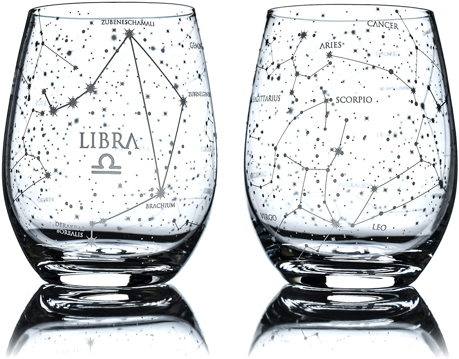 Zodiac Libra Set - Astrology Sign Glassware Hand Etched 15 oz Greenline Goods Libra Stemless Wine Glasses Set of 2 
