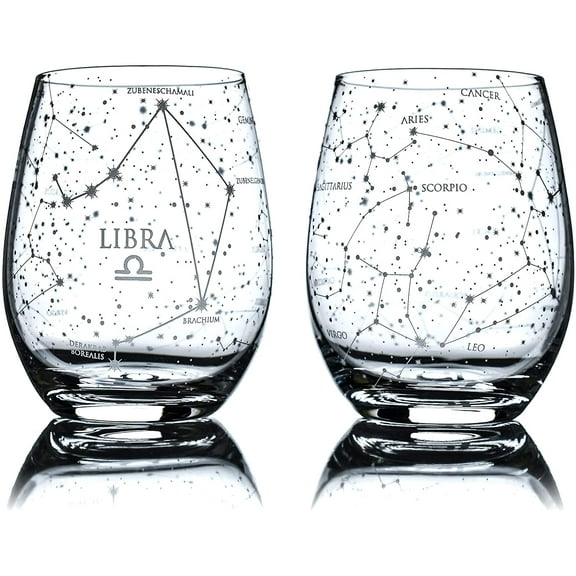 Libra Stemless Wine Glasses | Zodiac Libra Set | Hand Etched Astrology Sign Glassware 15 oz (Set of 2)