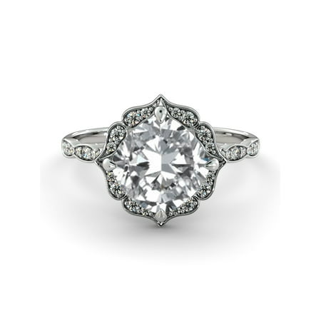 8.00MM D-F VS Moissanite Engagement Ring With Diamonds (2.15 ct Moissanite Weight, 2.65 ctw dew) Cushion Shape 14K
