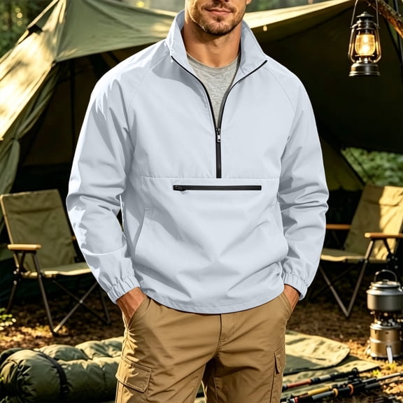 Kalauyu Long Sleeve Half Zip Windbreaker Jackets for Men Casual Front Zip Pocket Stand Collar Tunic Tops Breathable Outdoor Lightweight Anorak Tops
