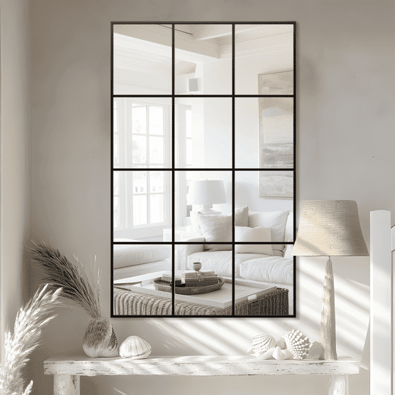 Wall Mirror 30" x 48", Window Pane Grid Mirror Modern Style for Bedroom, Living Room, Bathroom, Rectangular Black Aluminum Framed