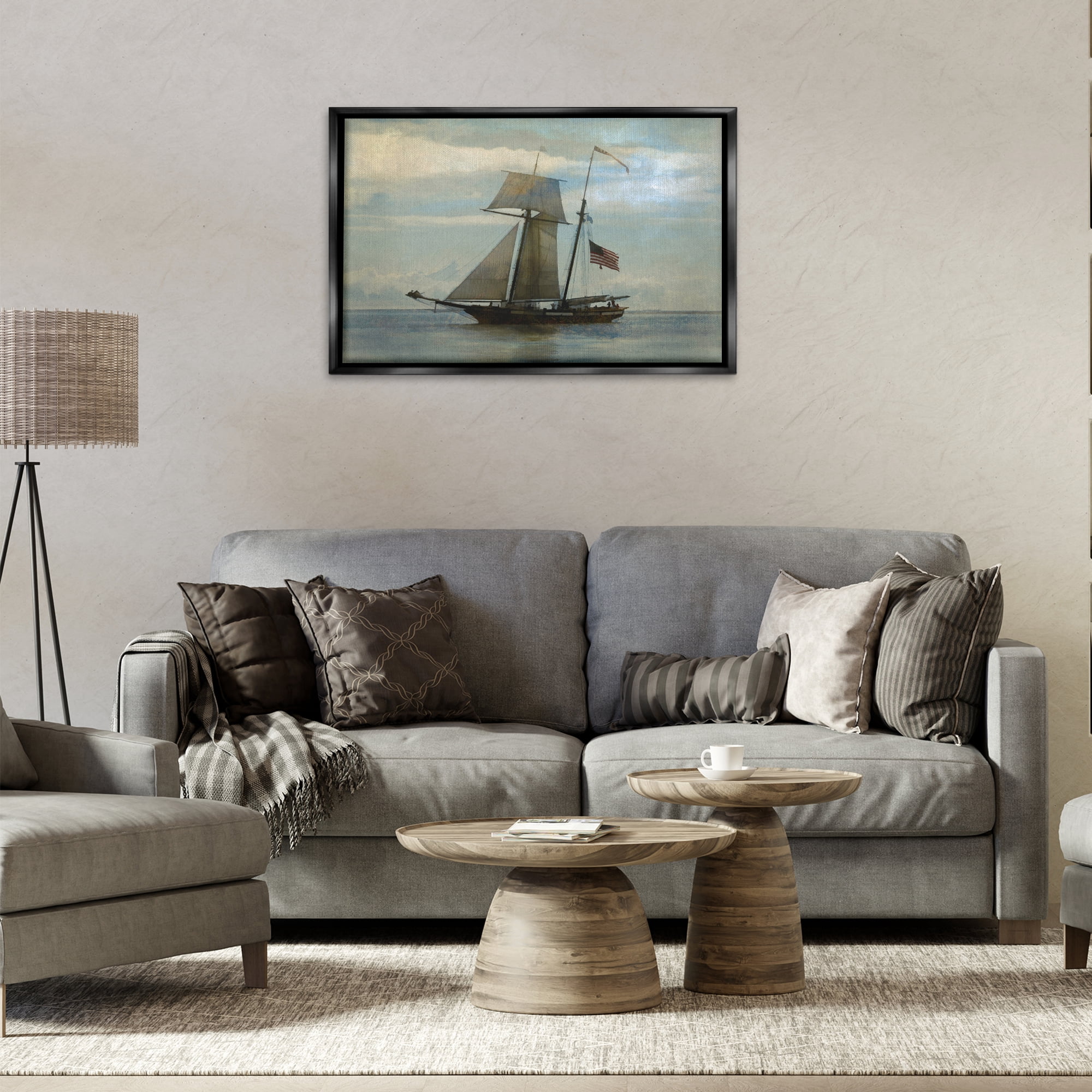 Stupell Industries Classic Ship with Flag Transportation Painting Black Floater Framed Canvas Art Print Wall Art, 31 x 21