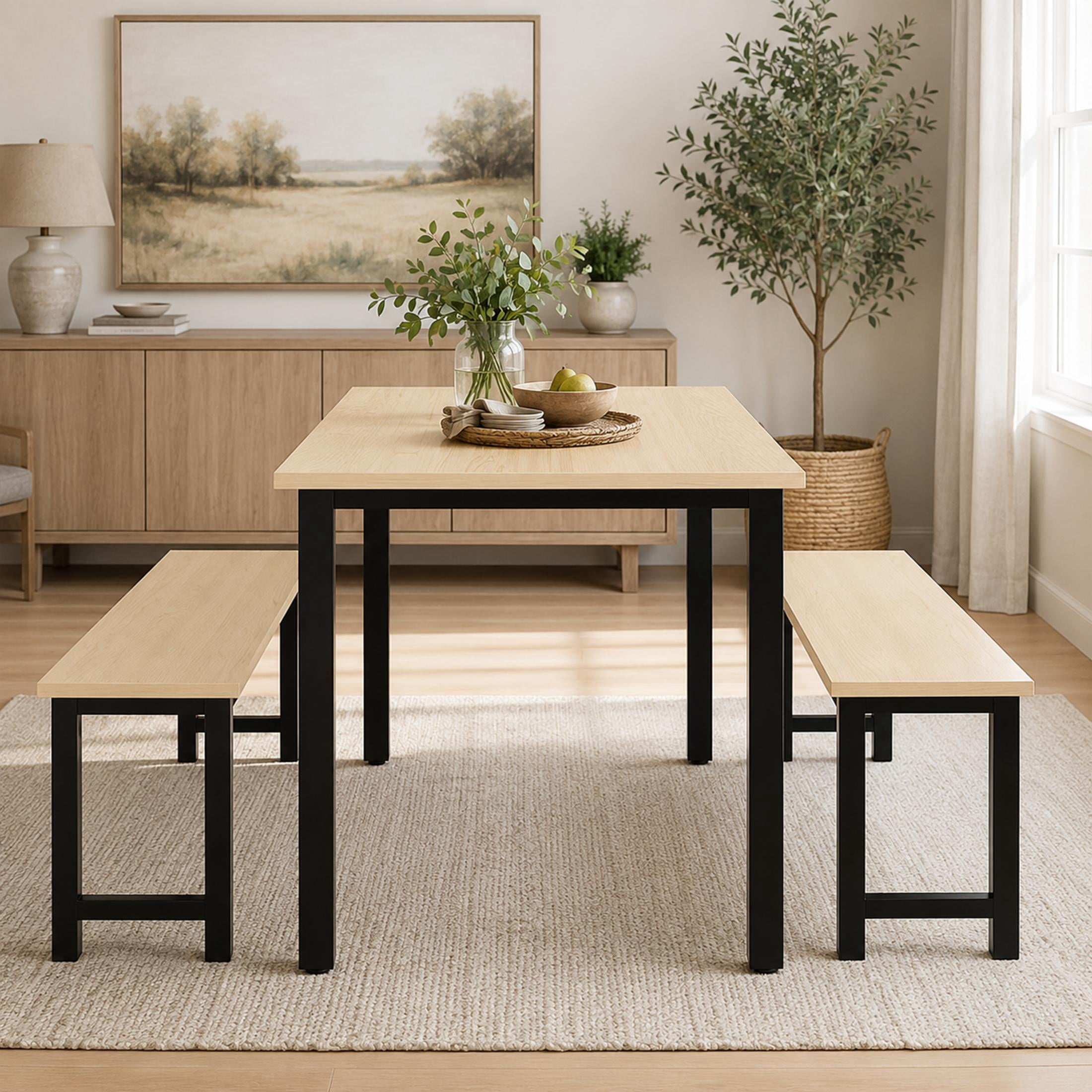 UHOMEPRO Dining Table Set for 4, Kitchen Table with 2 Benches, Modern Dining Room Table Set with Metal Frame, Breakfast Nook Furniture Set for Home Cafeteria Bar Kitchen, Natural+Black