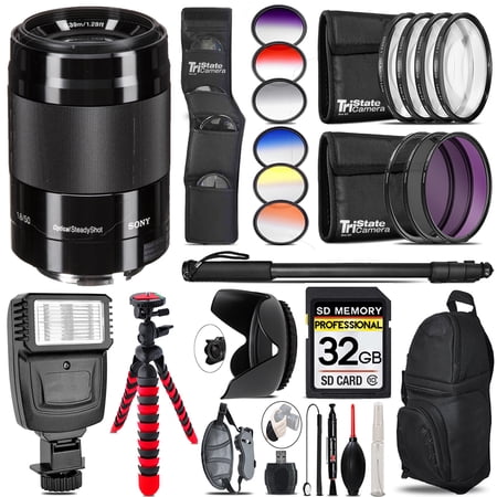 Sony E 50mm f/1.8 OSS Lens (Black) + Flash + Color Filter Set - 32GB Accessory Kit