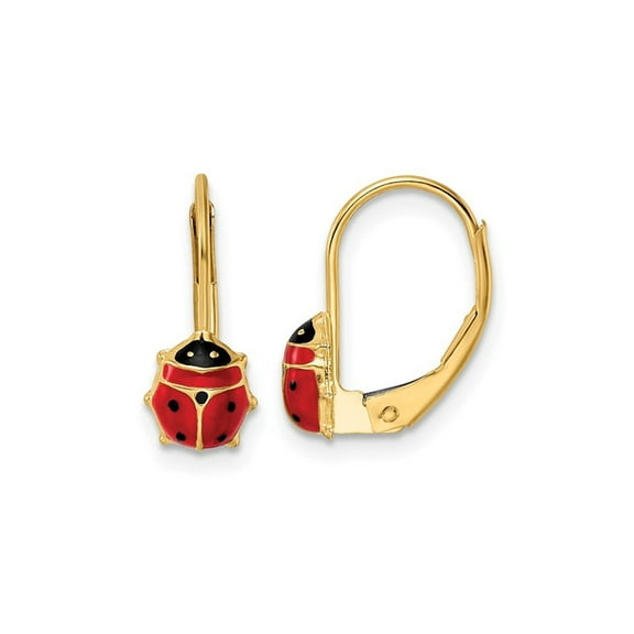 Gem & Harmony 14K Yellow Gold Heart Leverback Earrings with Enameled Lady Bugs for Women