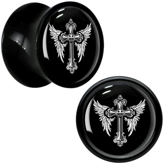 Body Candy 0g 2PC Black Acrylic Winged Cross Saddle Plugs Double Flare Plug Ear Plug Gauges 8mm