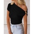 thumbnail image 2 of EASYBRA Women Asymmetric Neck Slim Fit Short Sleeve T Shirt Solid Color Casual Summer Top, 2 of 7