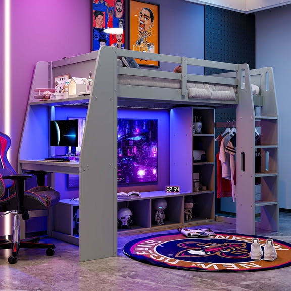 Kumix Twin Size Gaming Loft Bed with Desk, Multi-storage Shelves, LED and a Hanging Clothes Rack, Wood Loft Bed with Full-Length Guardrail and Ladder for Teens Adults, Noise-Free, Gray