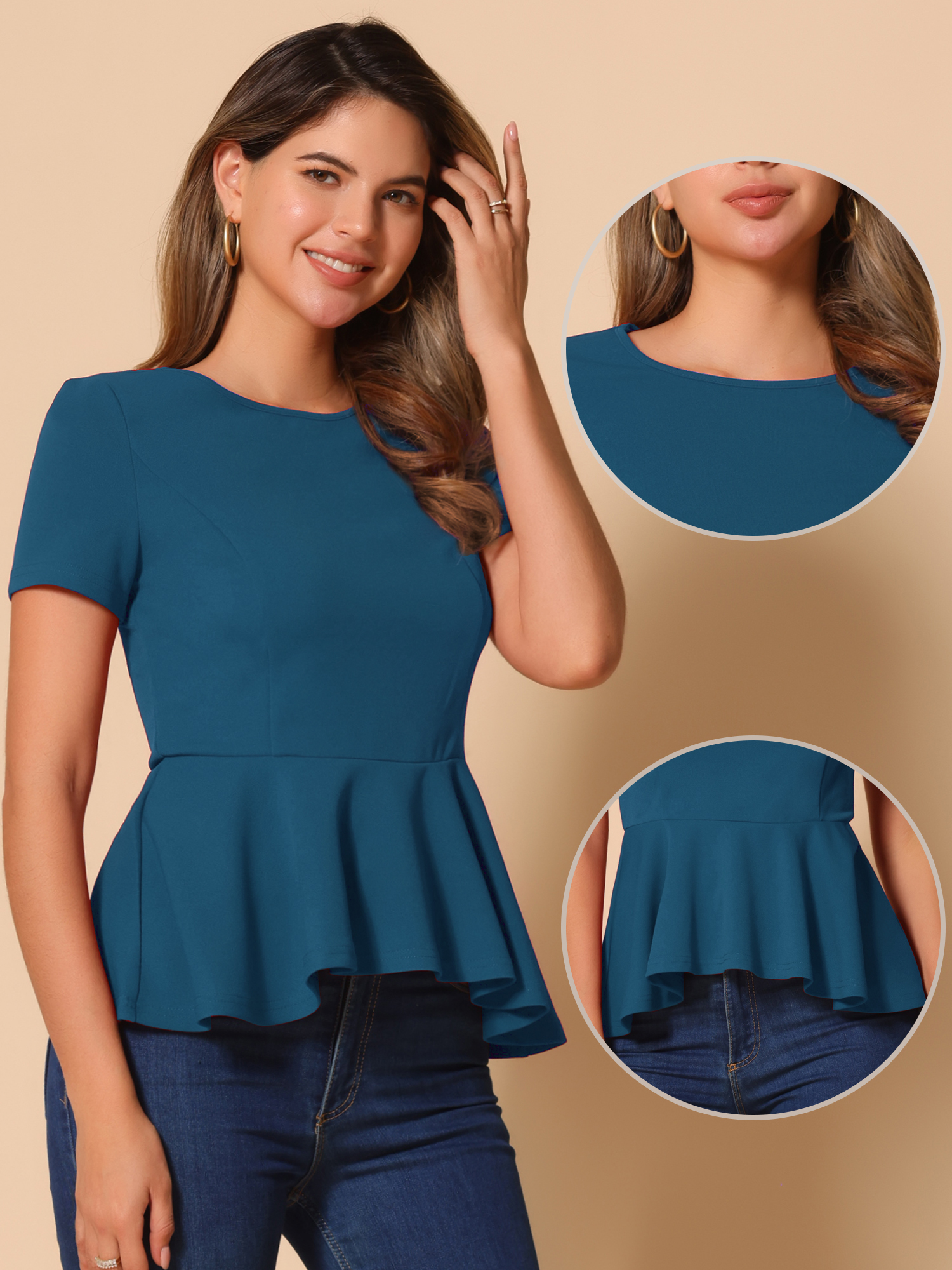 DARING DIVA Women's Peplum Tops Short Sleeve Crew Neck Blouse S Peacock Blue